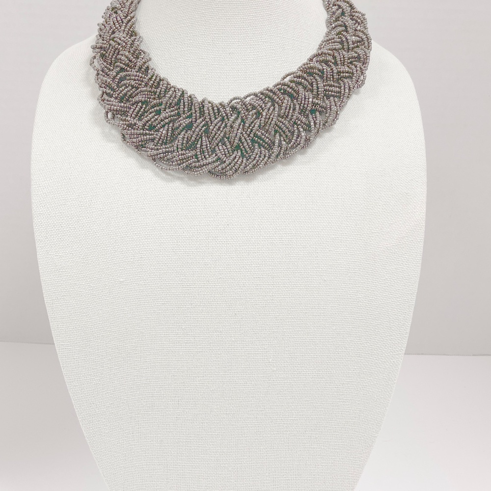 Vintage Gray Seed Bead Woven Collar Necklace - Picture 2 of 6
